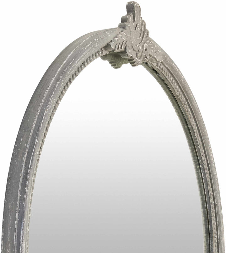 Decorative oval mirror with a textured silver frame on a white background

Kandersteg Gray Accent Mirror