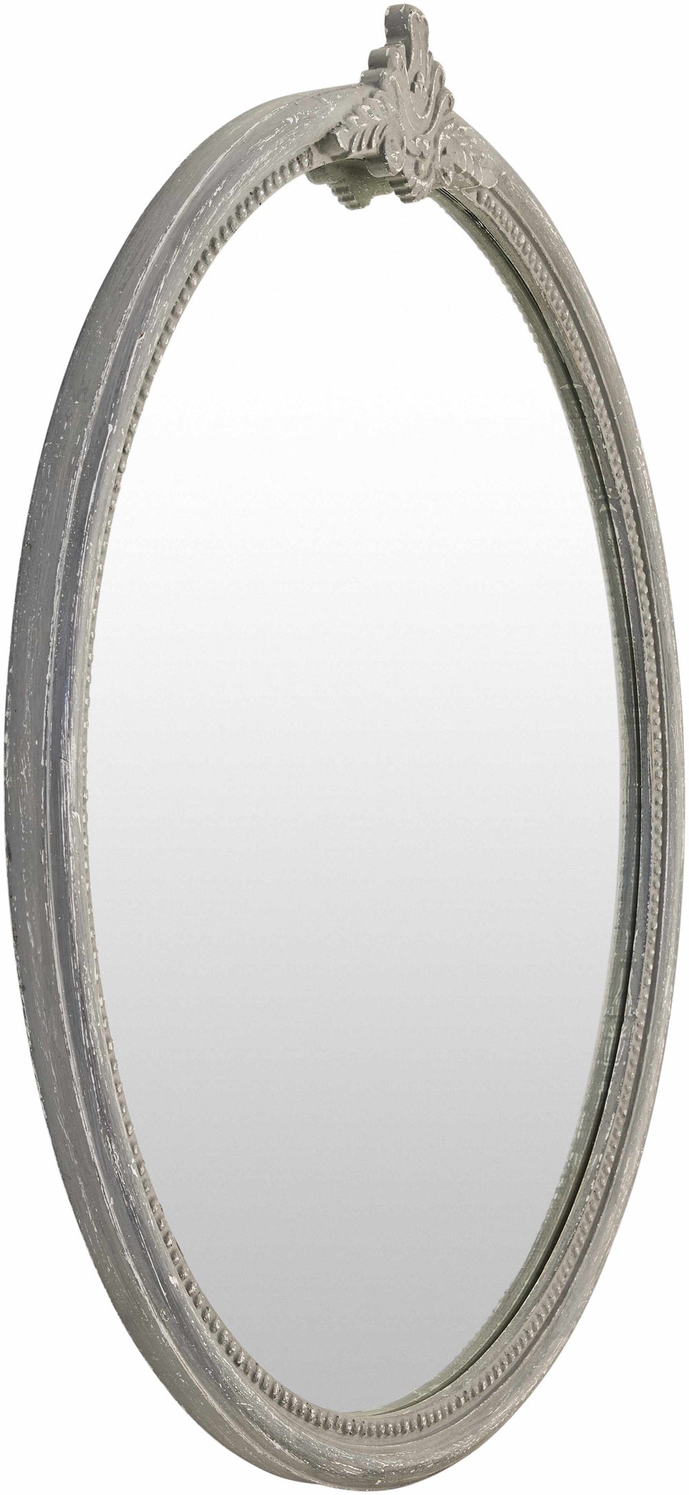 Decorative oval mirror with a gray frame on a white background

Kandersteg Gray Accent Mirror