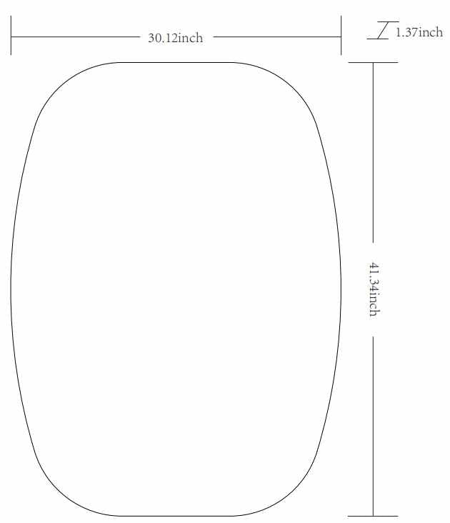 Measurement chart of a oval-shaped object with dimensions labeled.
