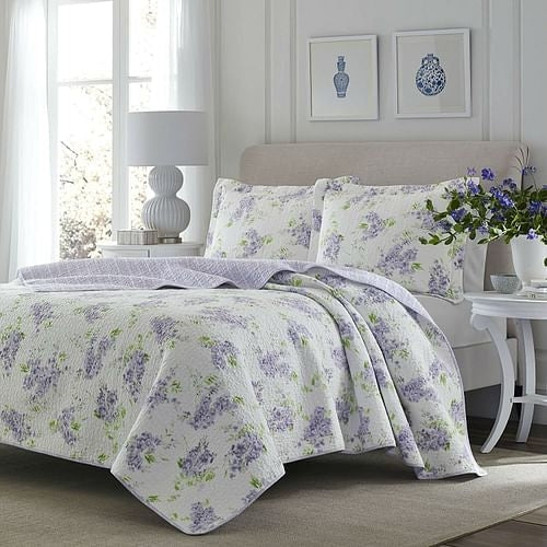 Full / Queen size 3-Piece Cotton Quilt Set with White Purple Floral