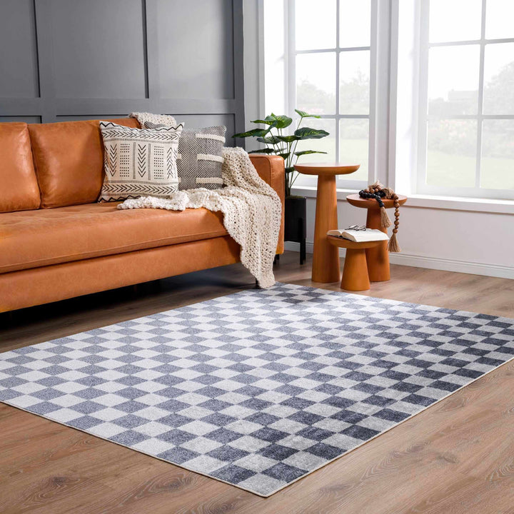 Alie Blue Gray Checkered Washable Rug