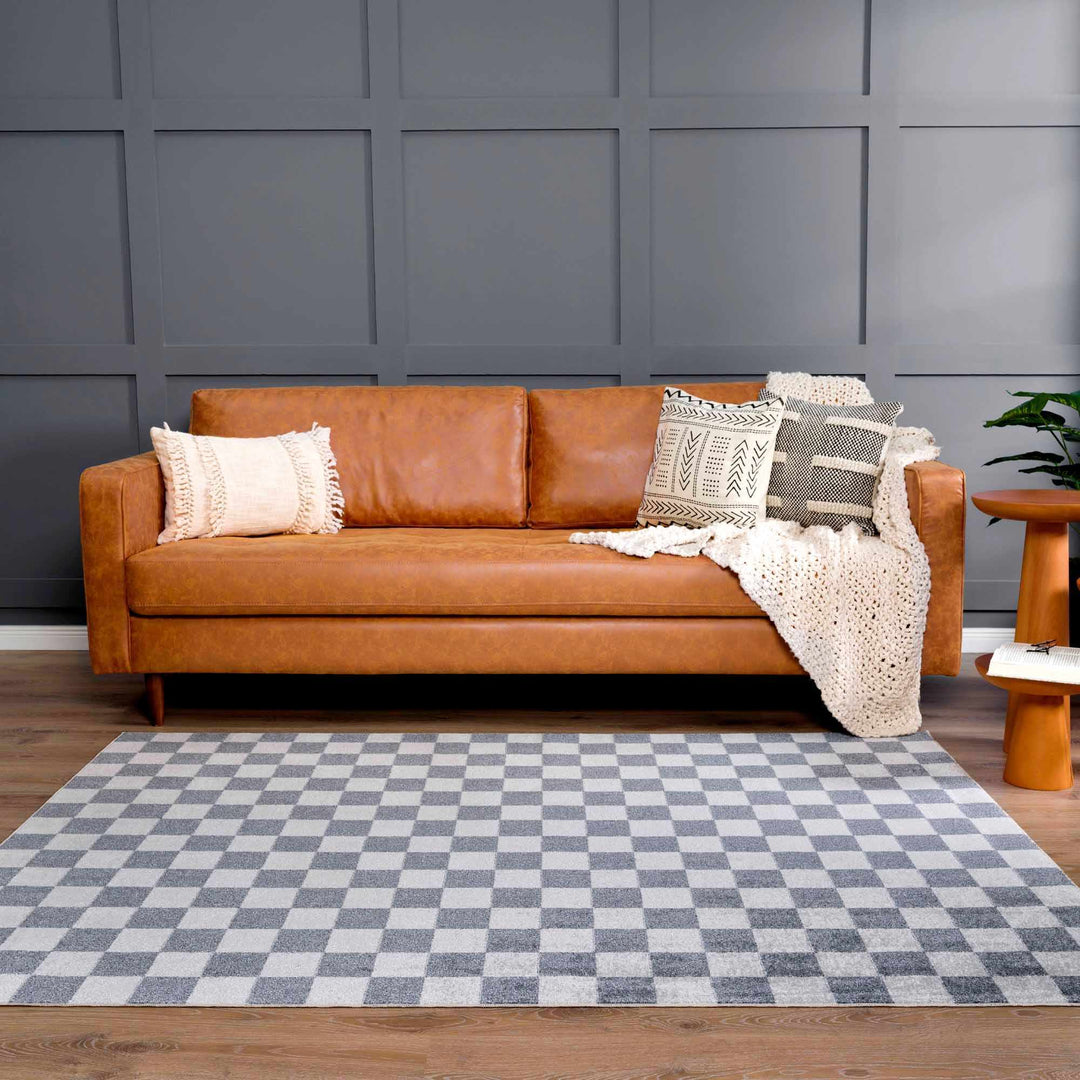 Alie Blue Gray Checkered Washable Rug