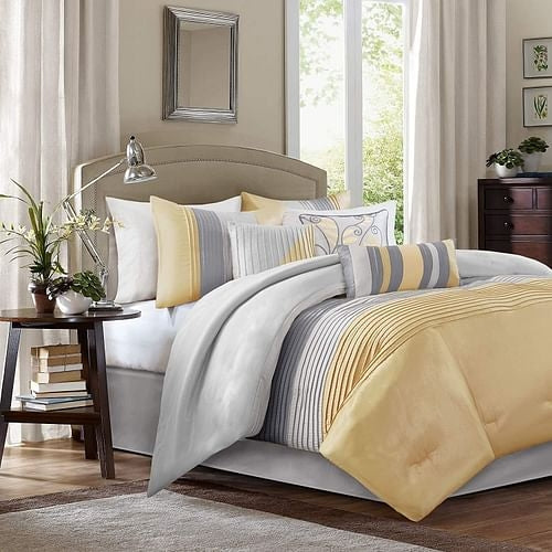 Queen Size 7 Piece Bed In A Bag Comforter Set Faux Silk Yellow Gray
