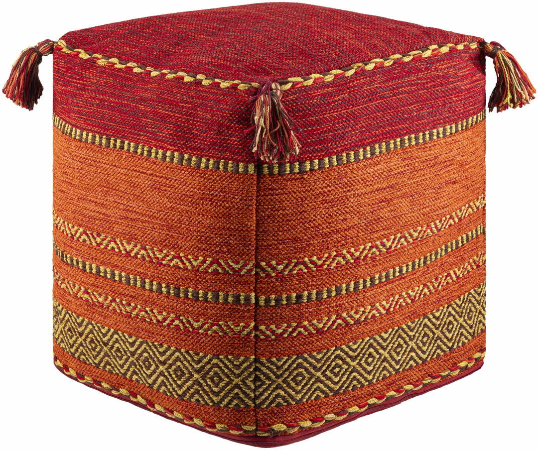 Decorative ottoman with red and orange pattern on a white background
Mainaguri Pouf