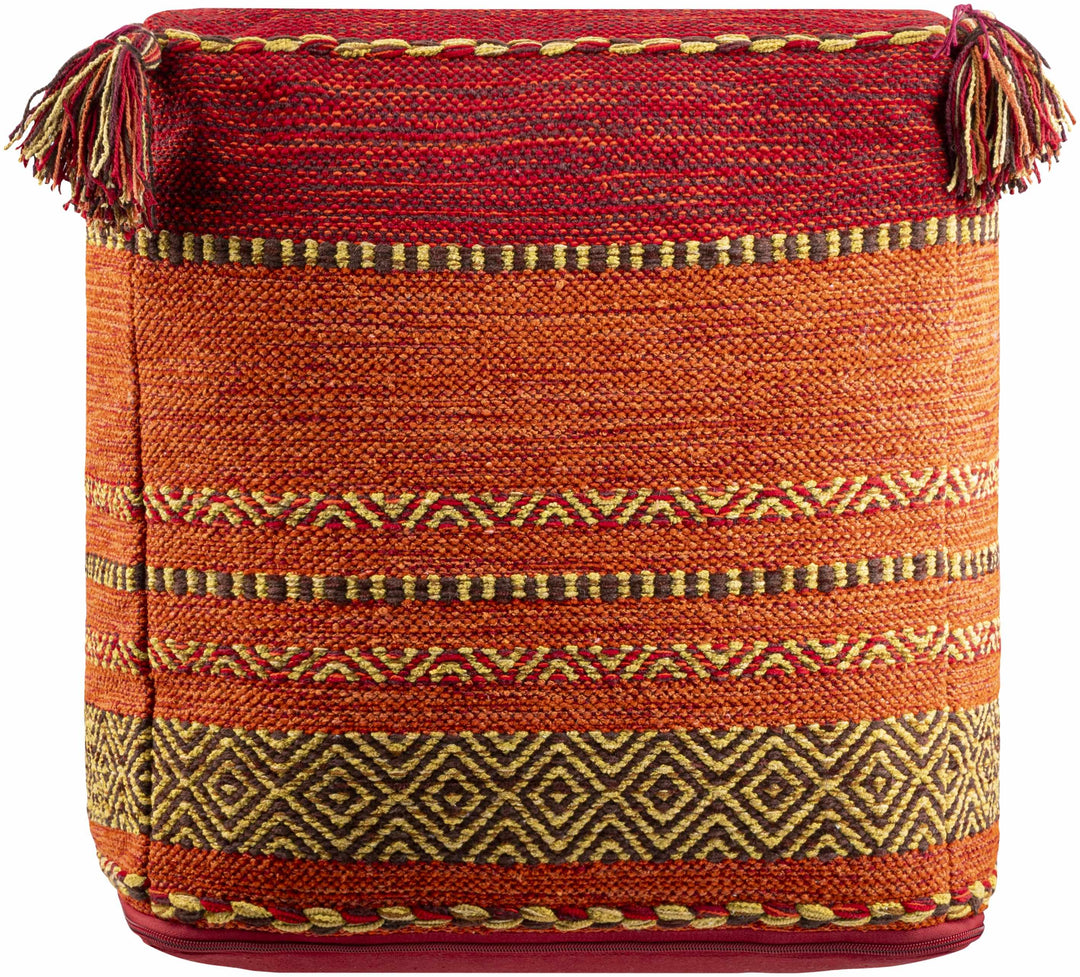 Woven ottoman with red and orange pattern on a white background
Mainaguri Pouf