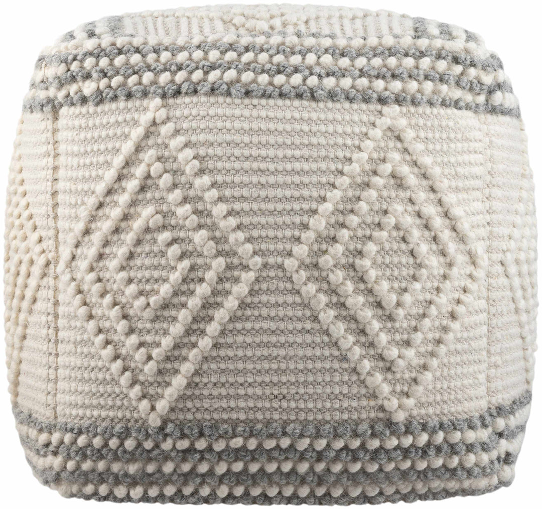 Textured cube ottoman with geometric pattern on a white background

Murgon Cream W Wool Pouf