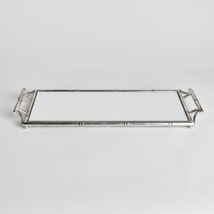 DAPHNE NARROW MIRRORED TRAY WITH HANDLES - Antique Silver