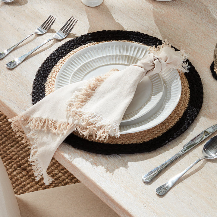 JUTE COIL ROUND PLACEMATS, SET OF 8 - Natural / Black