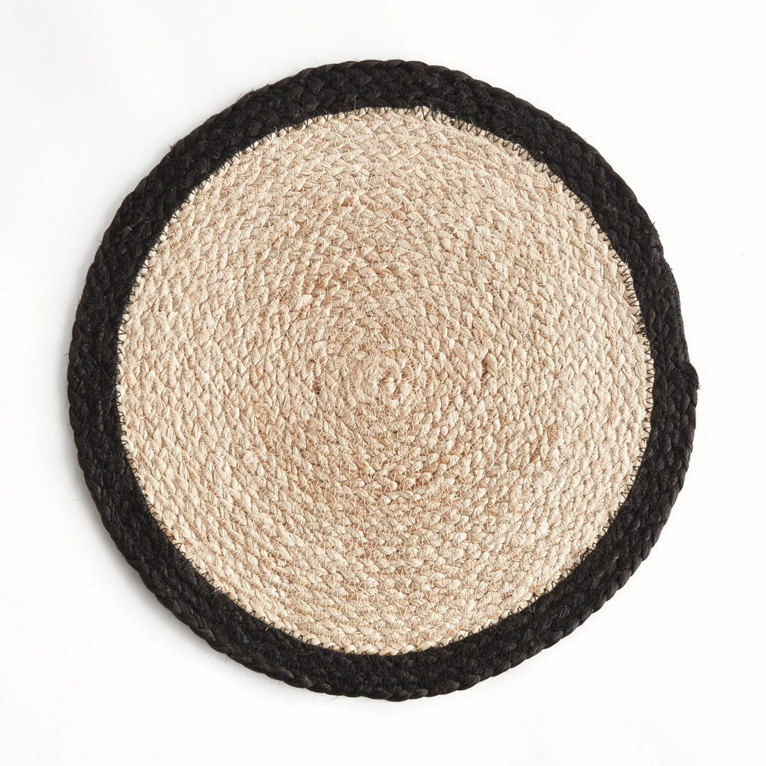 JUTE COIL ROUND PLACEMATS, SET OF 8 - Natural / Black