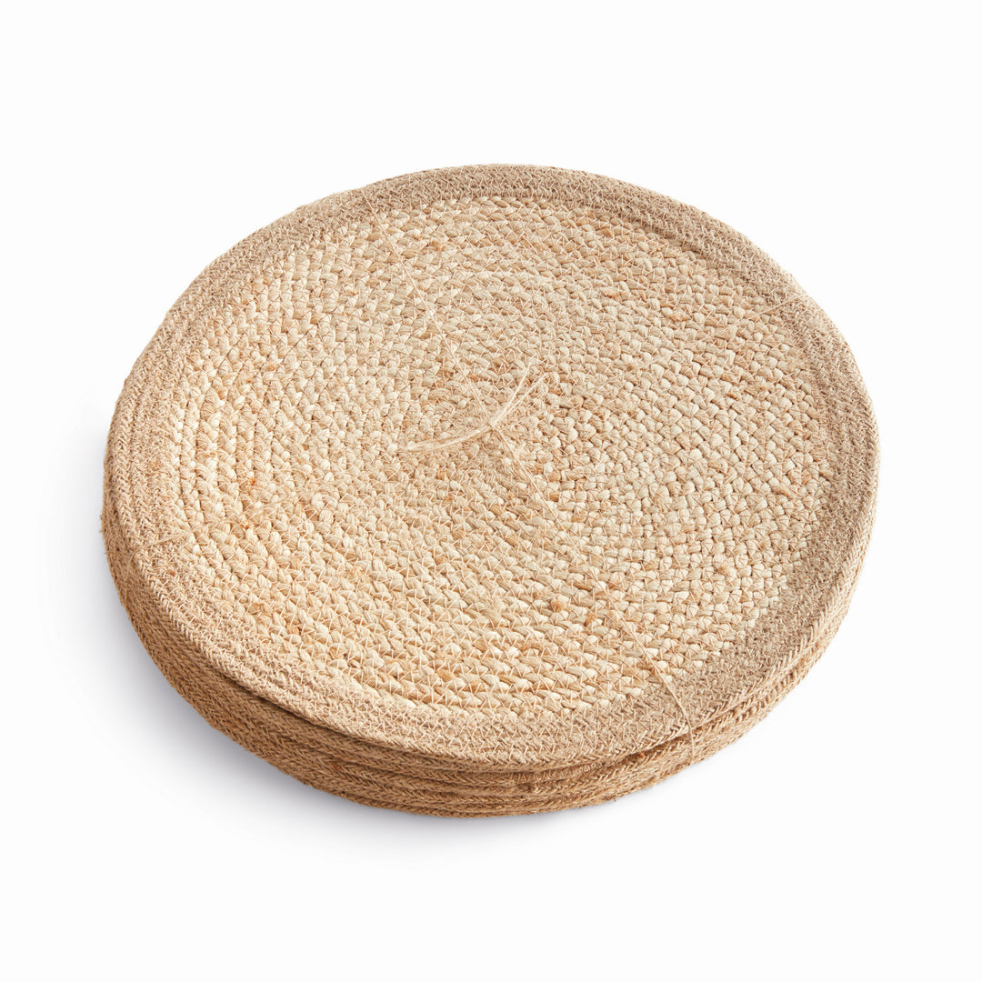 JUTE COIL ROUND PLACEMATS, SET OF 8 - Natural  / Taupe