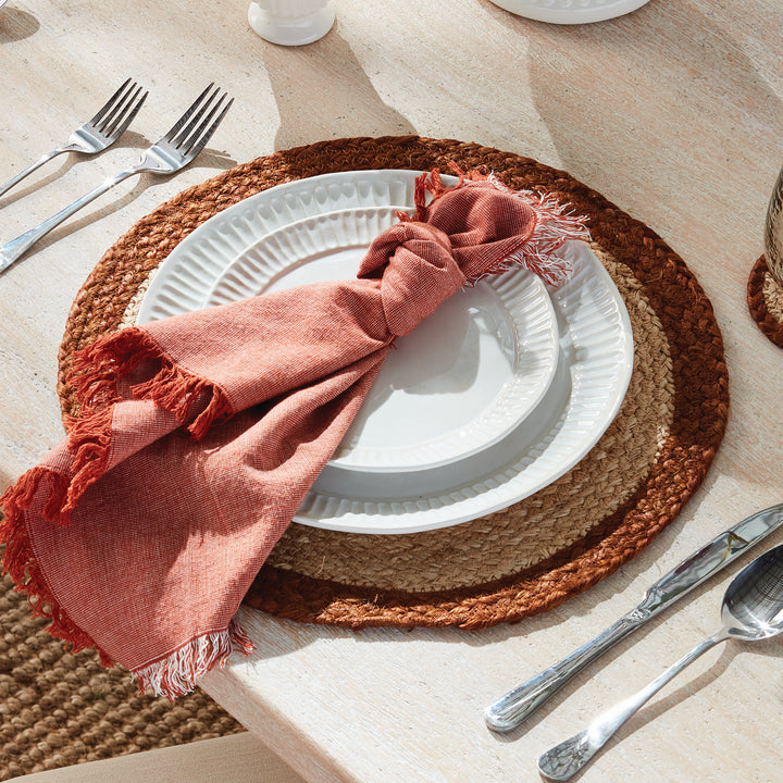 JUTE COIL ROUND PLACEMATS, SET OF 8 - Natural / Rust