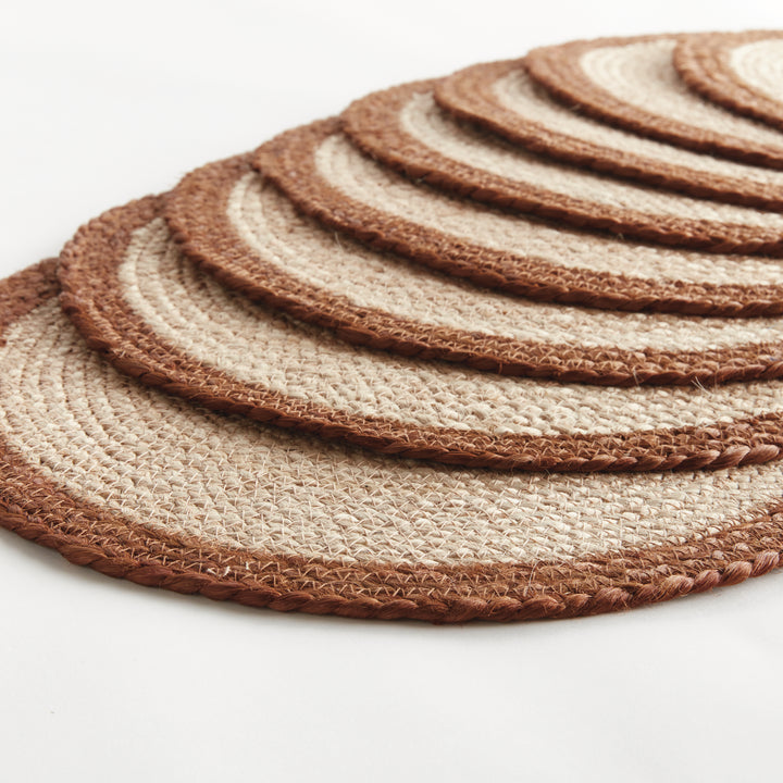 JUTE COIL ROUND PLACEMATS, SET OF 8 - Natural / Rust