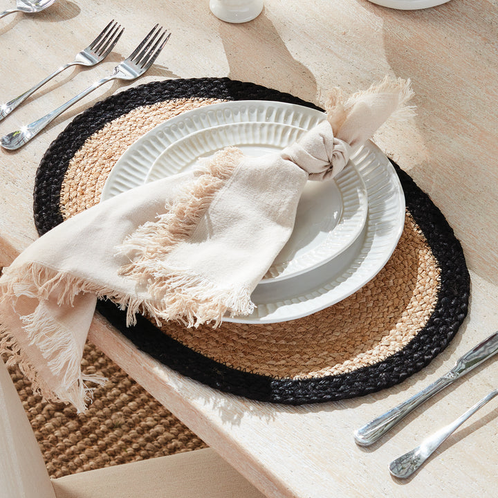 JUTE COIL OVAL PLACEMATS, SET OF 8 - Natural / Black