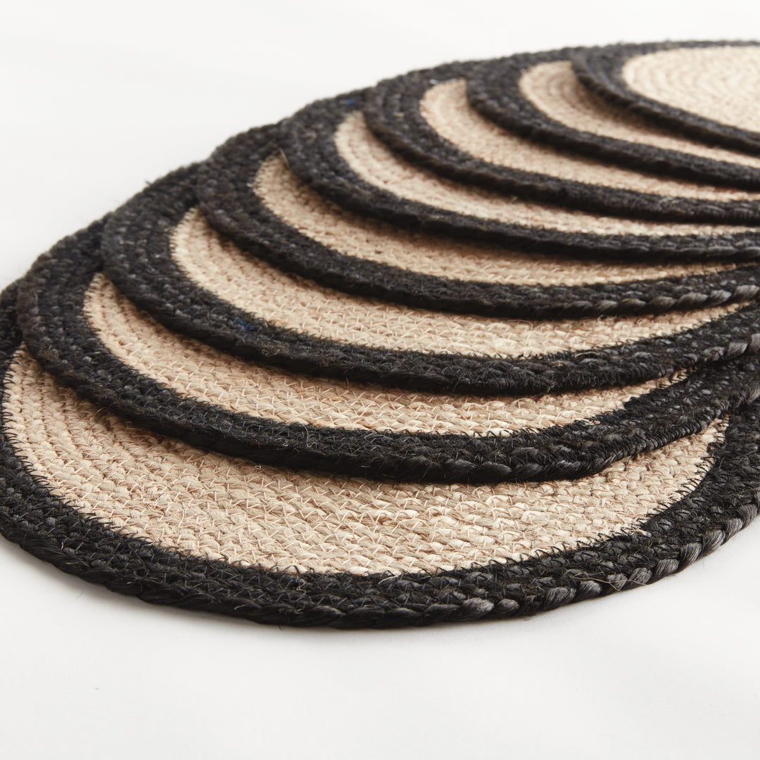 JUTE COIL OVAL PLACEMATS, SET OF 8 - Natural / Black