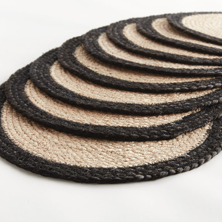 JUTE COIL OVAL PLACEMATS, SET OF 8 - Natural / Black
