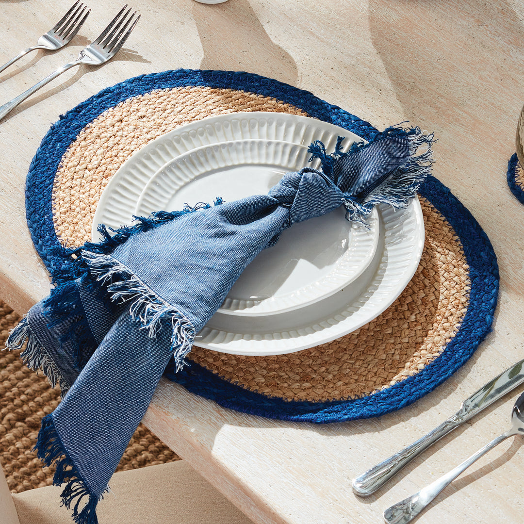 JUTE COIL OVAL PLACEMATS, SET OF 8 - Natural / Navy