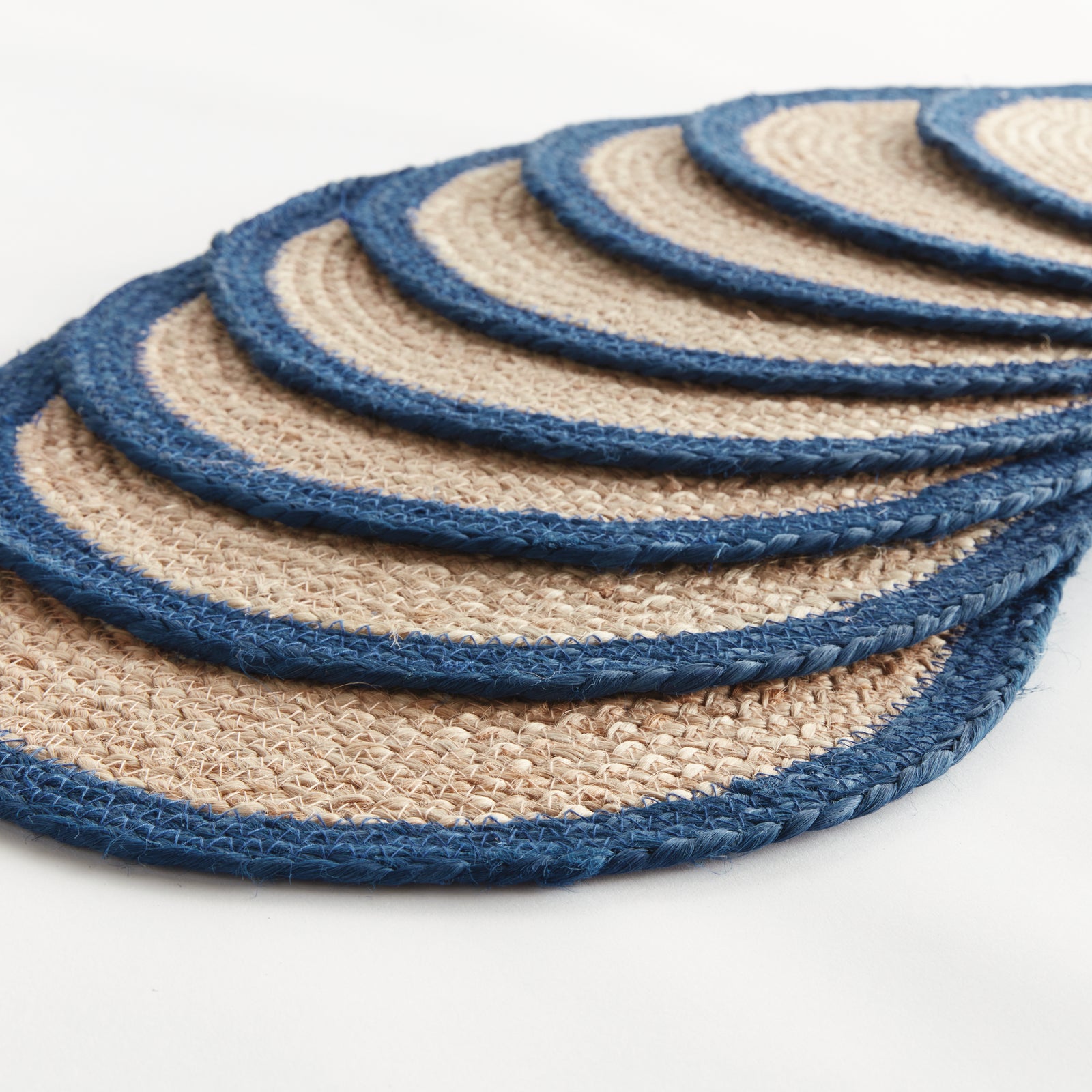 JUTE COIL OVAL PLACEMATS, SET OF 8 - Natural / Navy