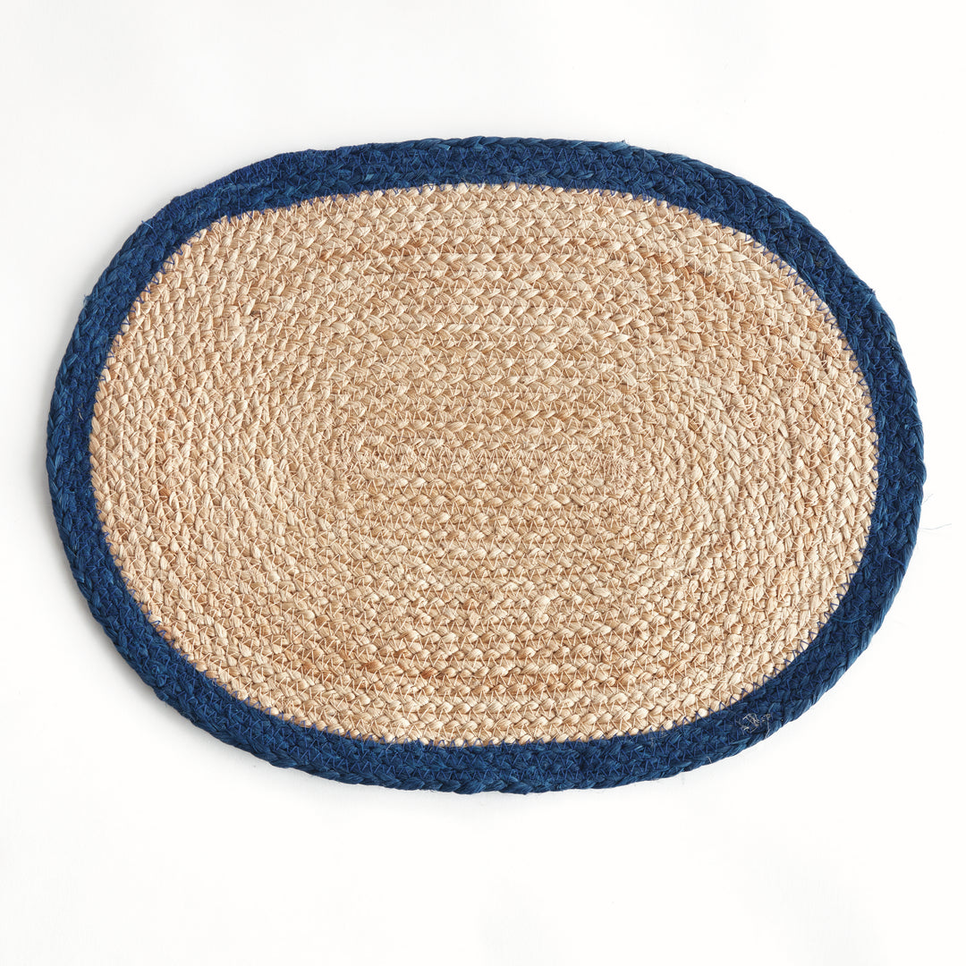 JUTE COIL OVAL PLACEMATS, SET OF 8 - Natural / Navy
