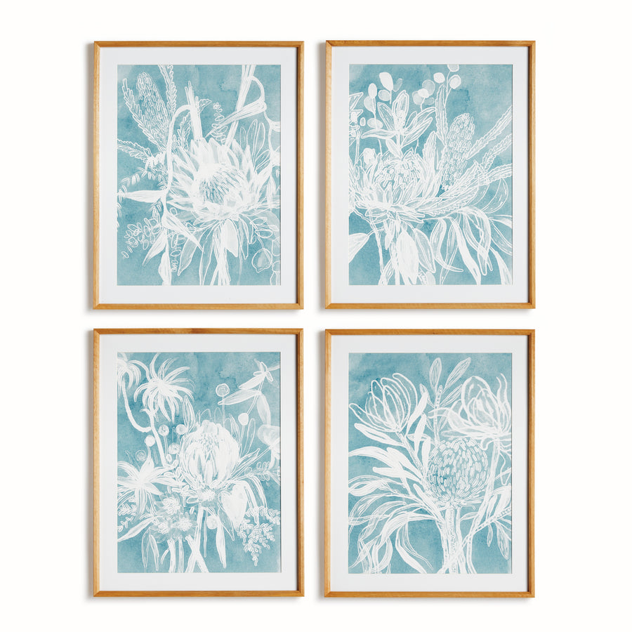 PROTEA ABSTRACT PRINTS IN SOFT BLUE, SET OF 4