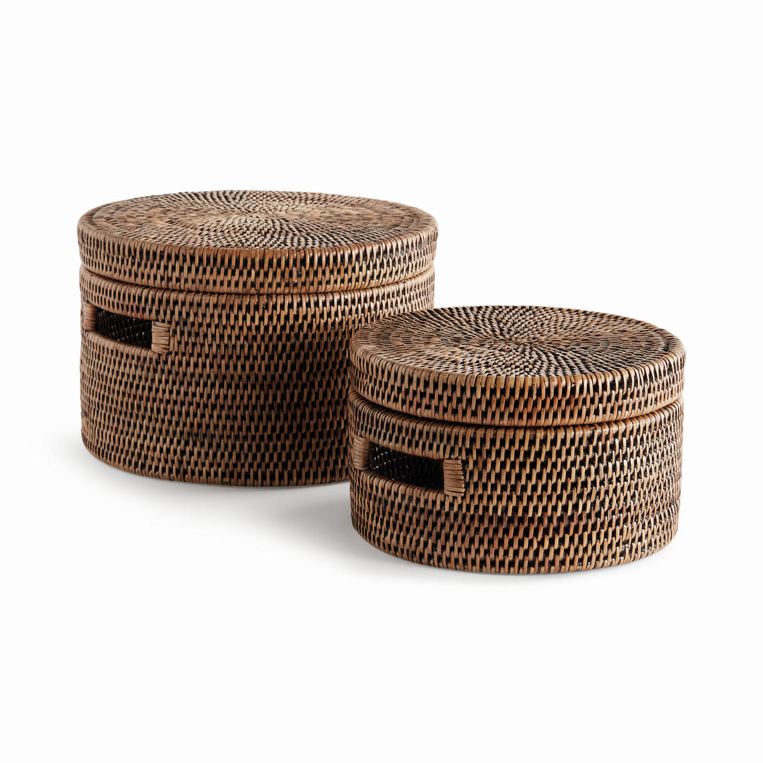 BURMA RATTAN ROUND LIDDED BOXES, SET OF 2 - Warm Brown