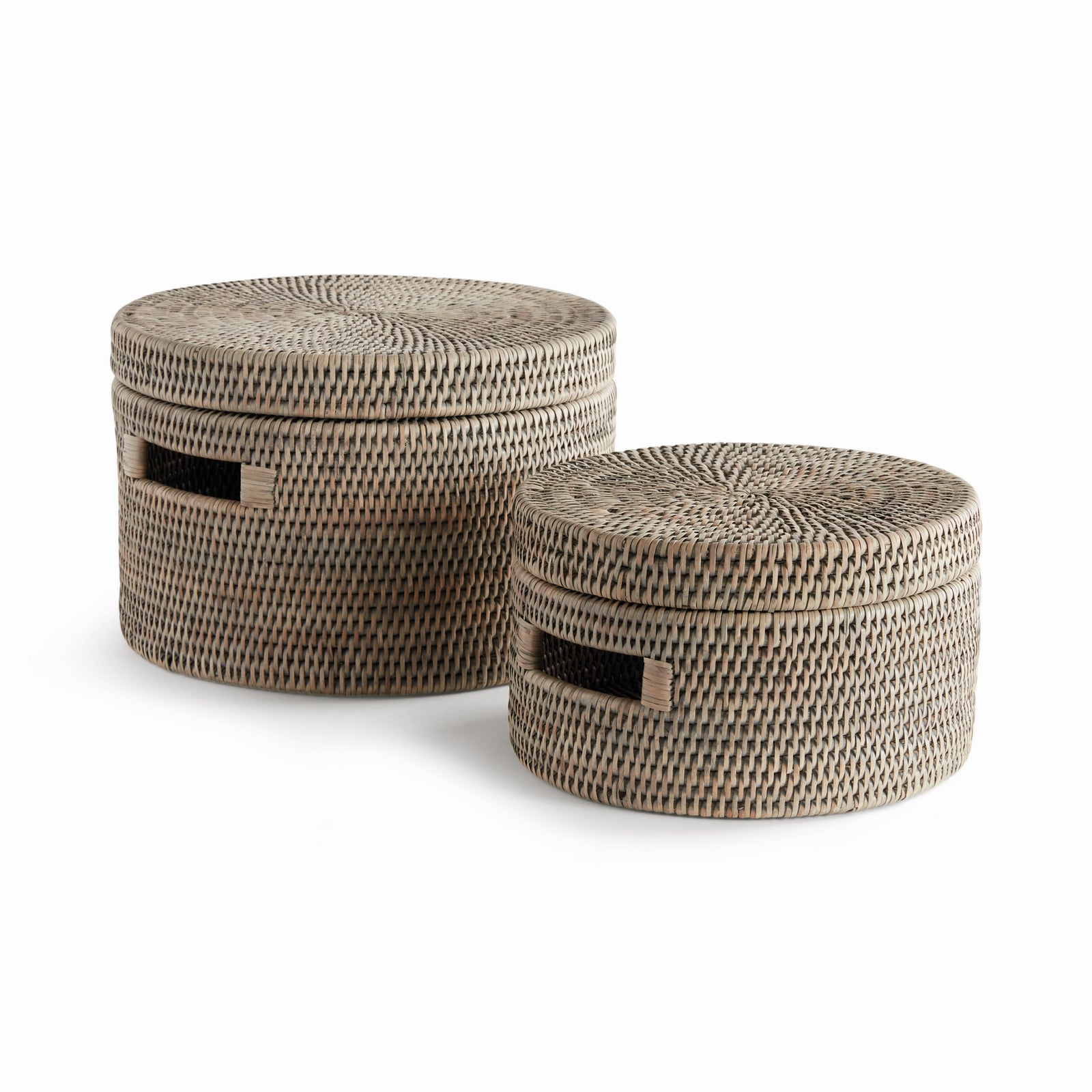 BURMA RATTAN ROUND LIDDED BOXES, SET OF 2 - Graywash