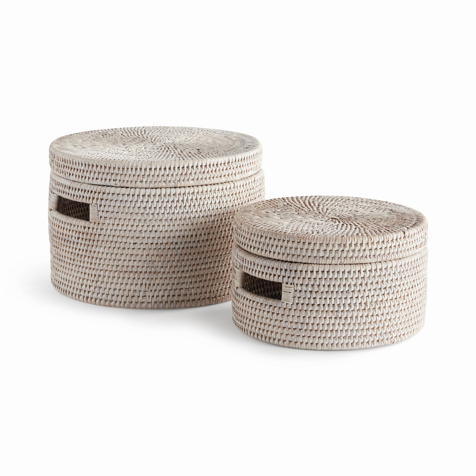 BURMA RATTAN ROUND LIDDED BOXES, SET OF 2 - Whitewash