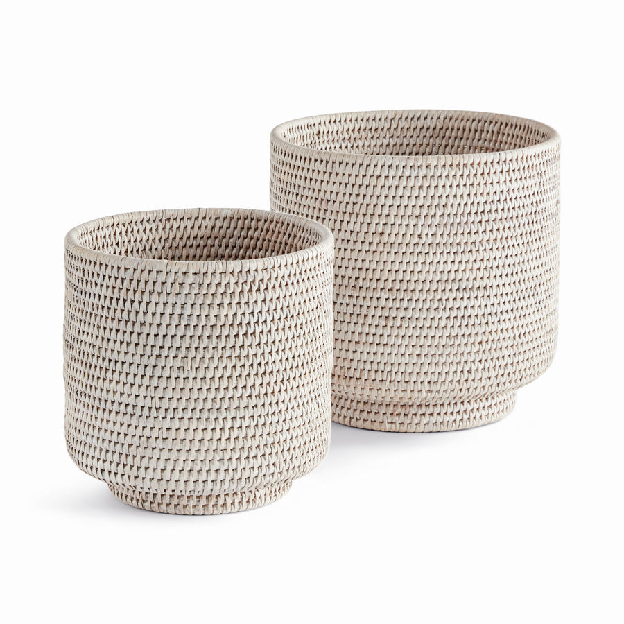 BURMA RATTAN CACHEPOTS LARGE, SET OF 2 - Whitewash