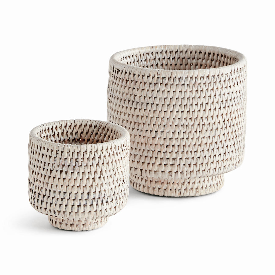 BURMA RATTAN CACHEPOTS SMALL, SET OF 2 - Whitewash