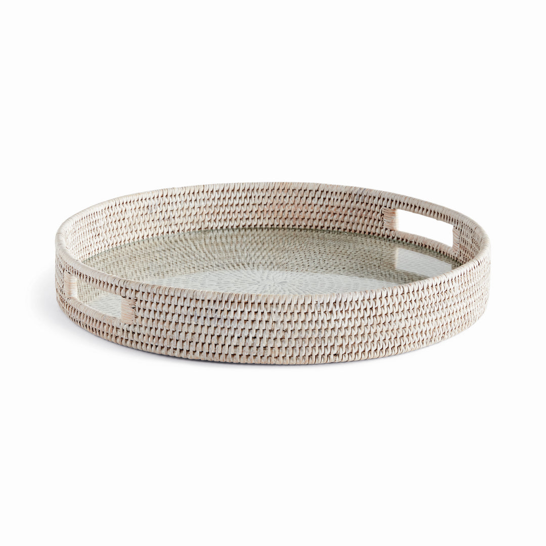 BURMA RATTAN ROUND SERVING TRAY LARGE - Whitewash
