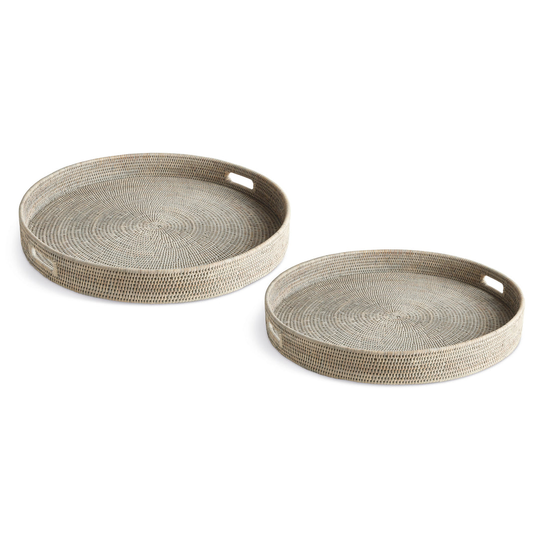 BURMA RATTAN ROUND OTTOMAN TRAYS LG ST/2 - Graywash