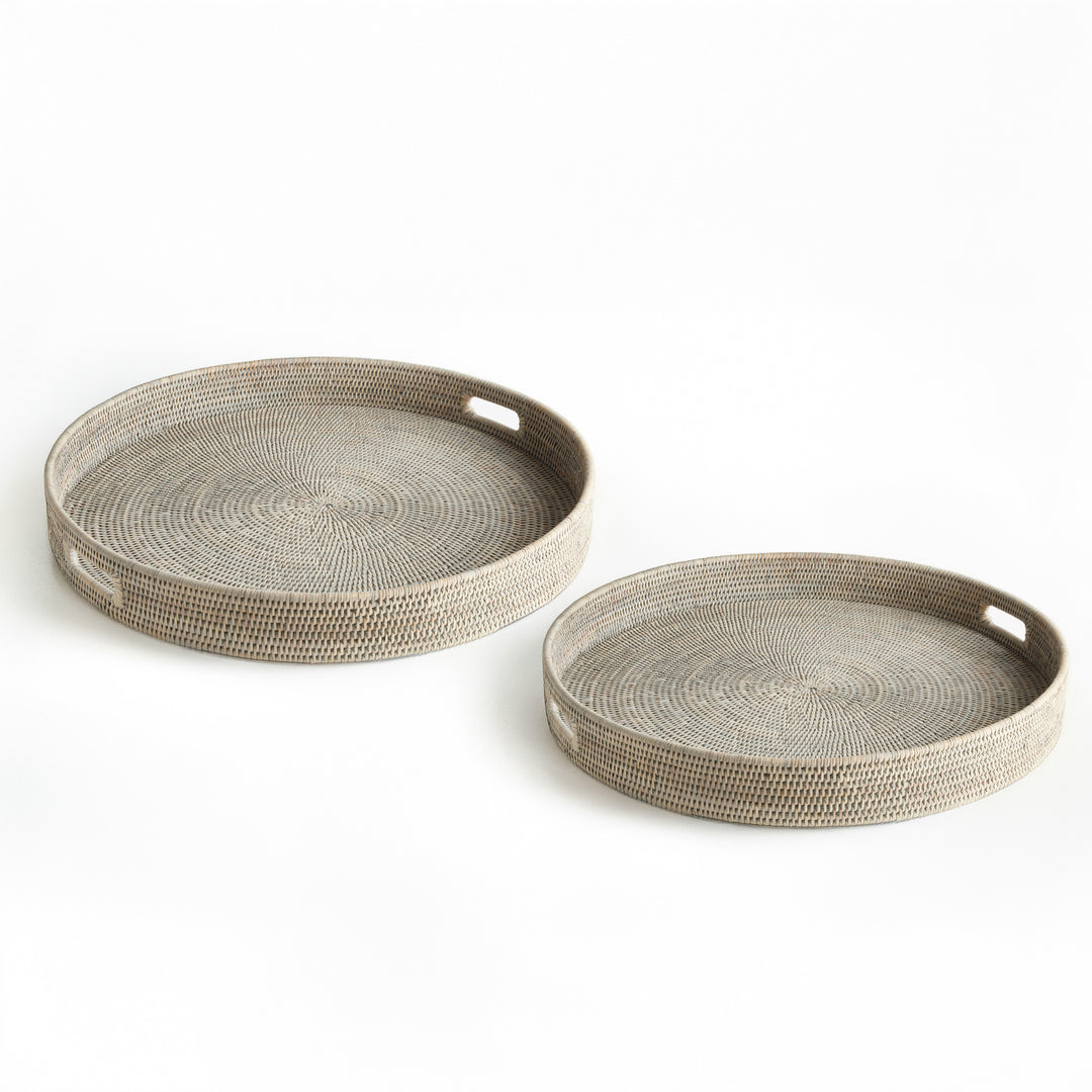 BURMA RATTAN ROUND OTTOMAN TRAYS LG ST/2 - Graywash