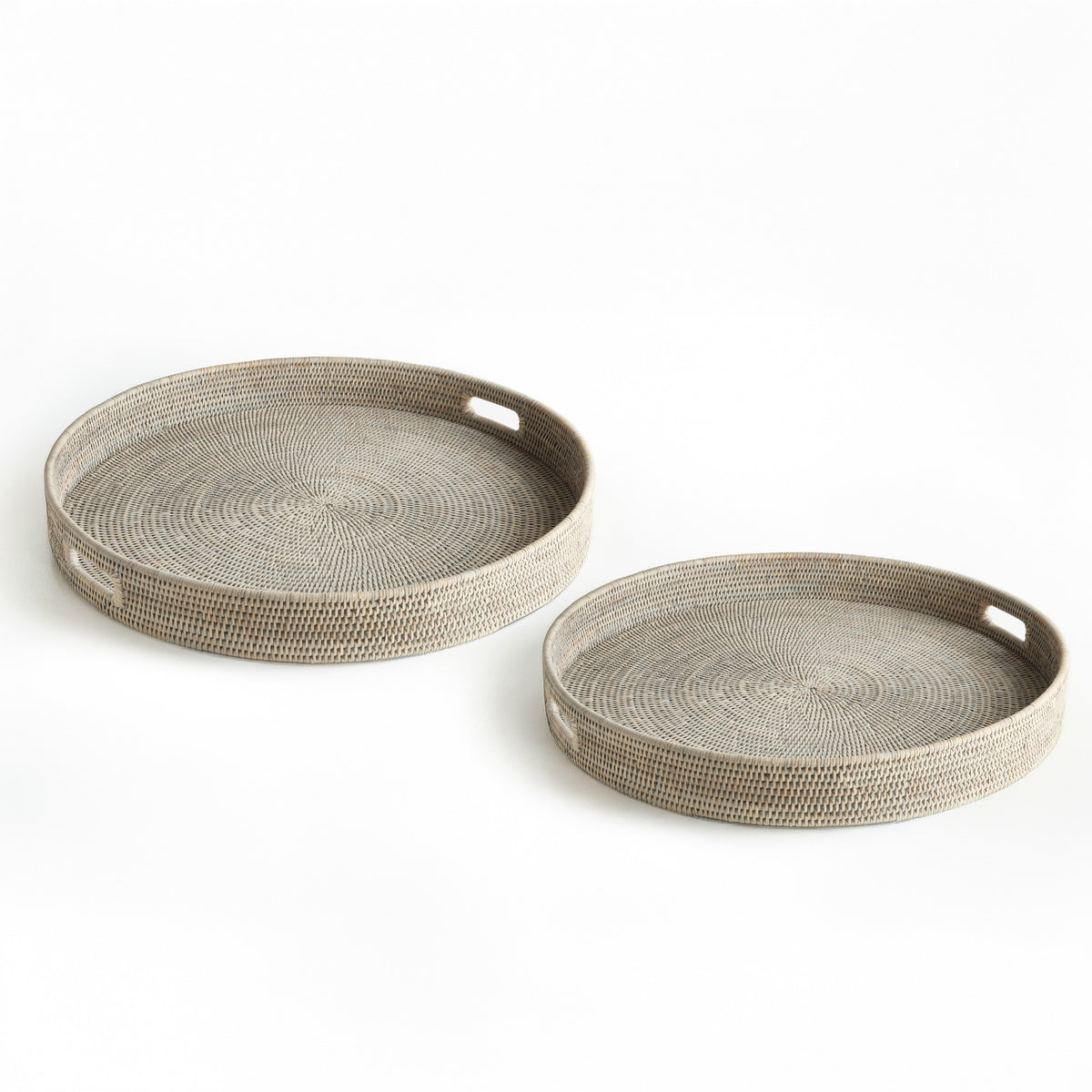 BURMA RATTAN ROUND OTTOMAN TRAYS LG ST/2 - Graywash