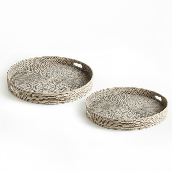BURMA RATTAN ROUND OTTOMAN TRAYS LG ST/2 - Graywash