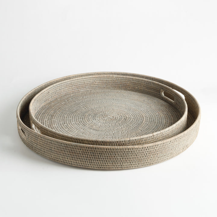 BURMA RATTAN ROUND OTTOMAN TRAYS LG ST/2 - Graywash