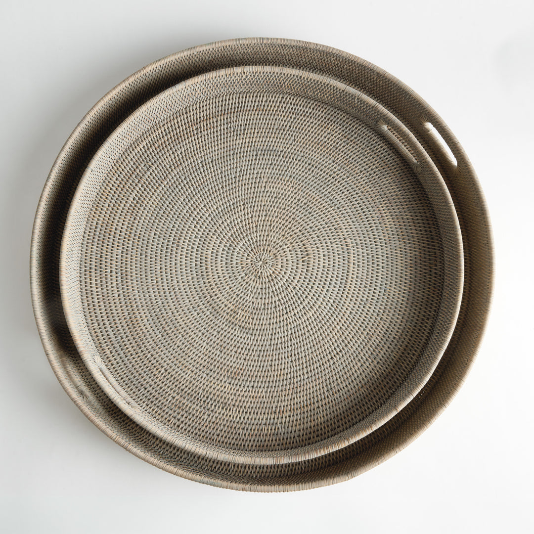 BURMA RATTAN ROUND OTTOMAN TRAYS LG ST/2 - Graywash