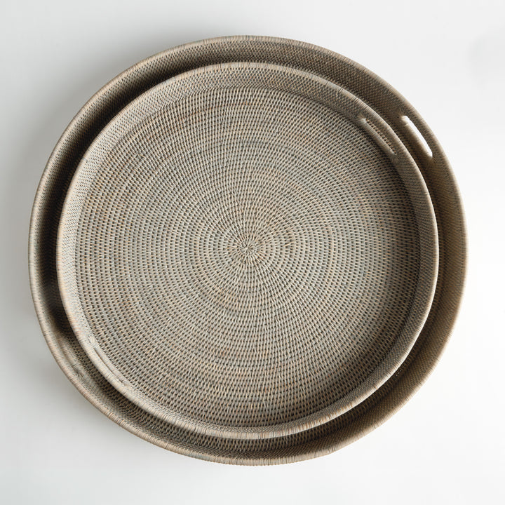 BURMA RATTAN ROUND OTTOMAN TRAYS LG ST/2 - Graywash