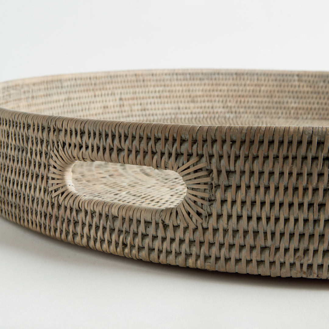 BURMA RATTAN ROUND OTTOMAN TRAYS LG ST/2 - Graywash