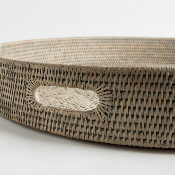 BURMA RATTAN ROUND OTTOMAN TRAYS LG ST/2 - Graywash