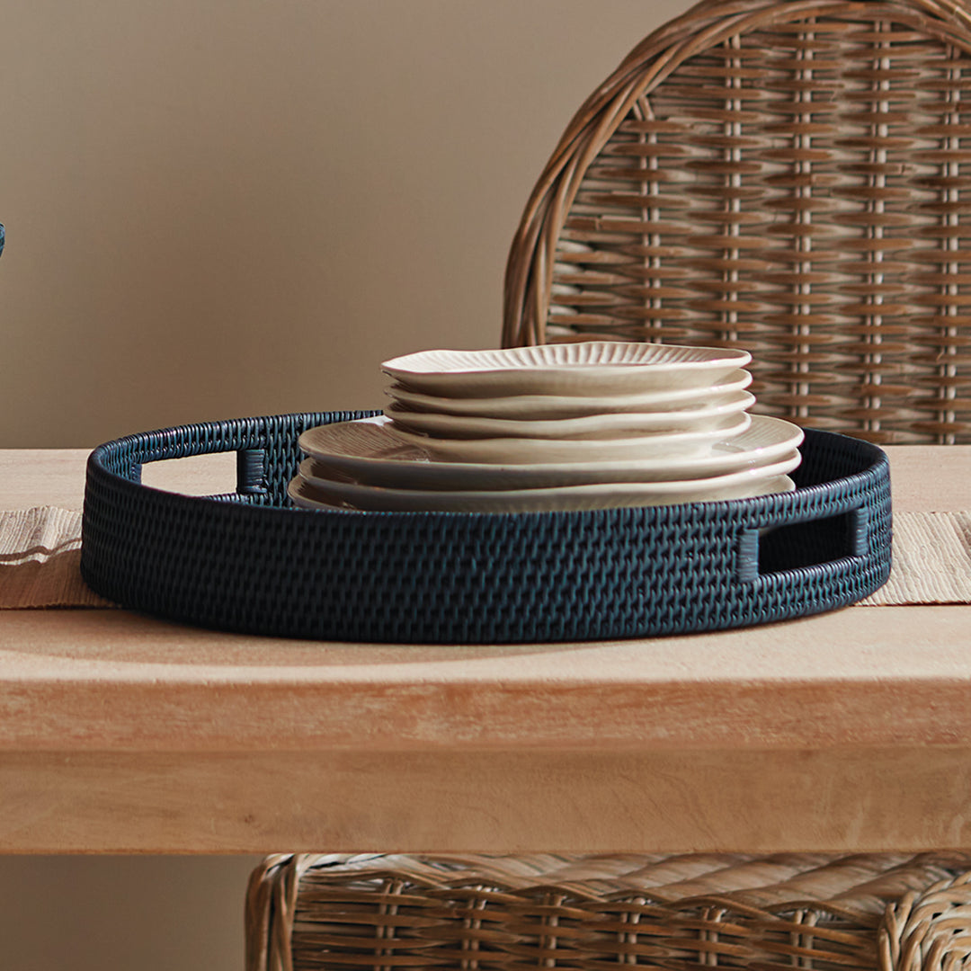 BURMA RATTAN ROUND SERVING TRAY LARGE - Dark Blue