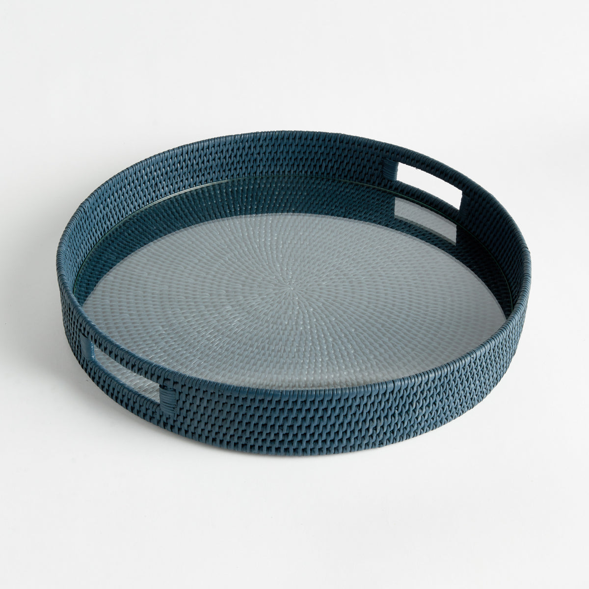 BURMA RATTAN ROUND SERVING TRAY LARGE - Dark Blue