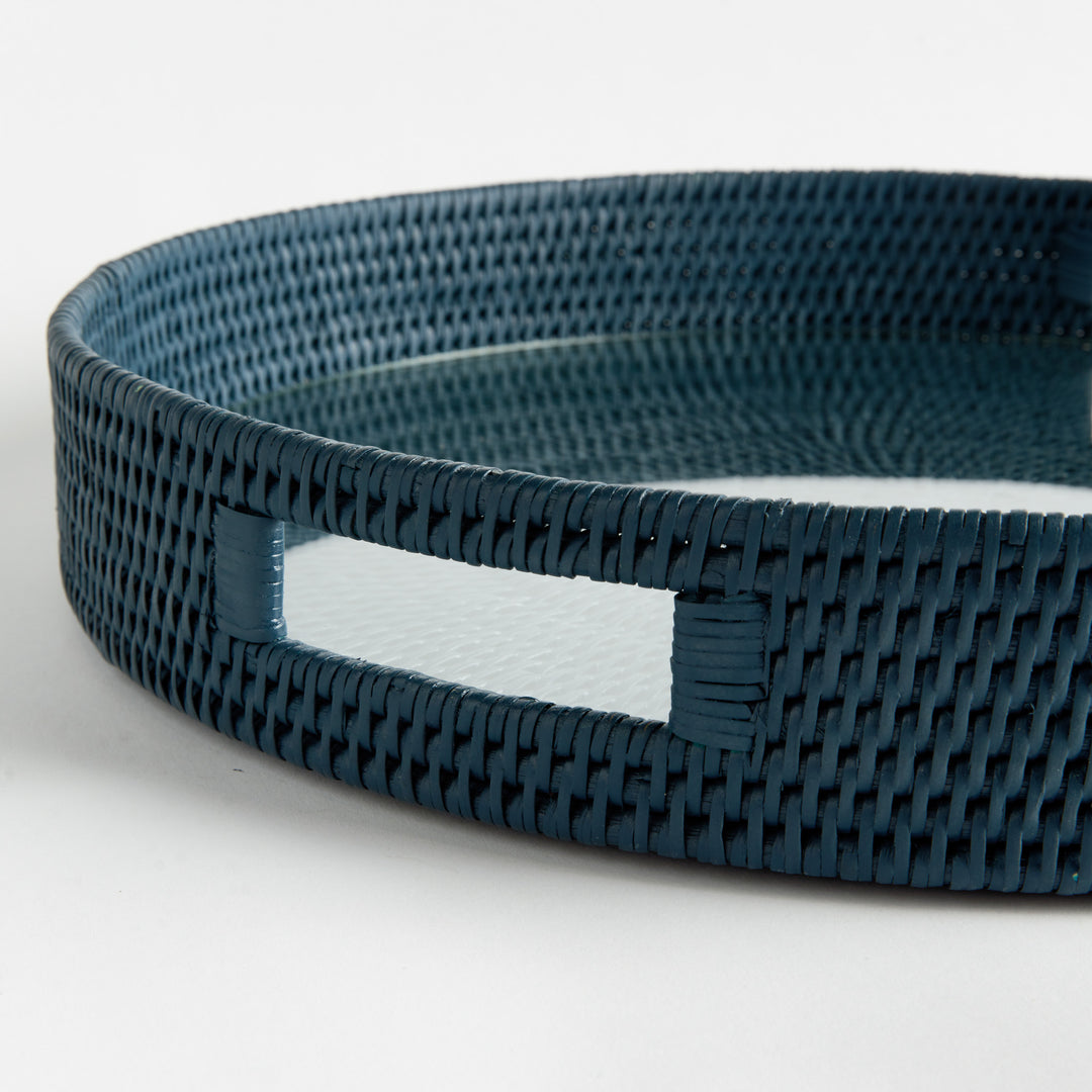 BURMA RATTAN ROUND SERVING TRAY LARGE - Dark Blue