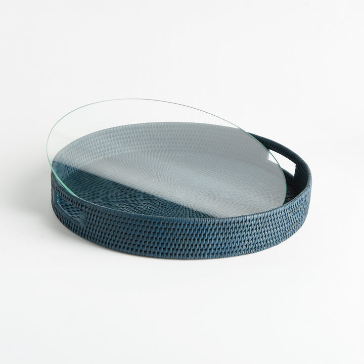BURMA RATTAN ROUND SERVING TRAY LARGE - Dark Blue