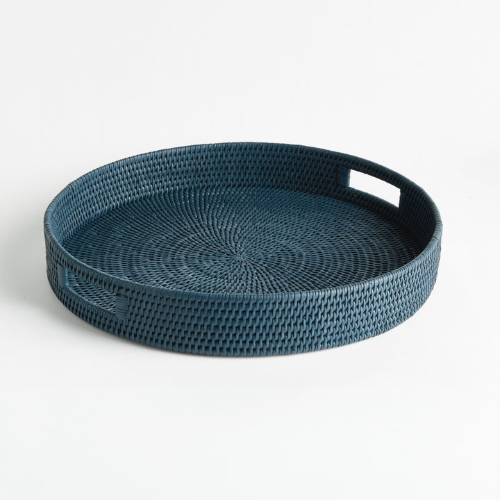 BURMA RATTAN ROUND SERVING TRAY LARGE - Dark Blue