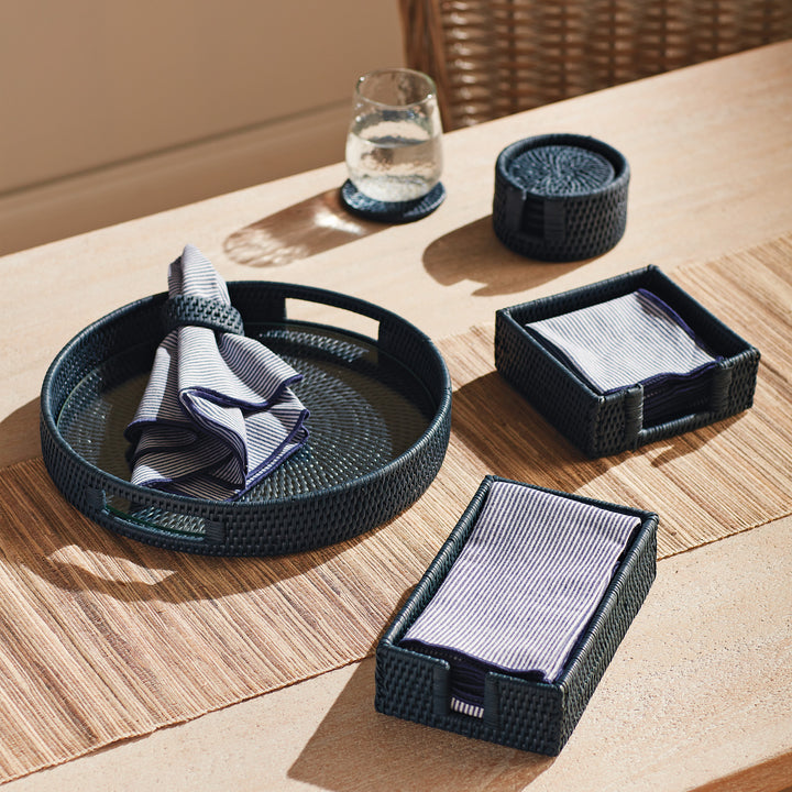 BURMA RATTAN ROUND SERVING TRAY - Dark Blue