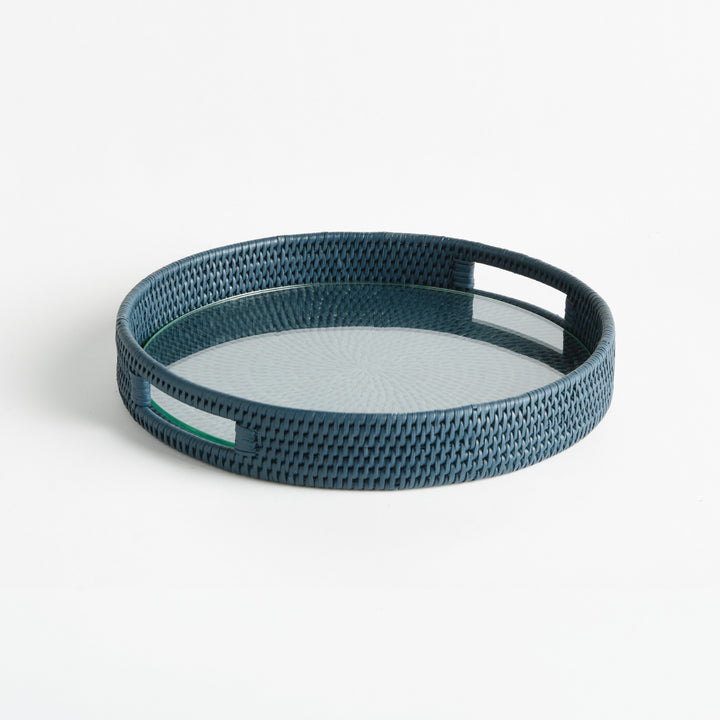 BURMA RATTAN ROUND SERVING TRAY - Dark Blue