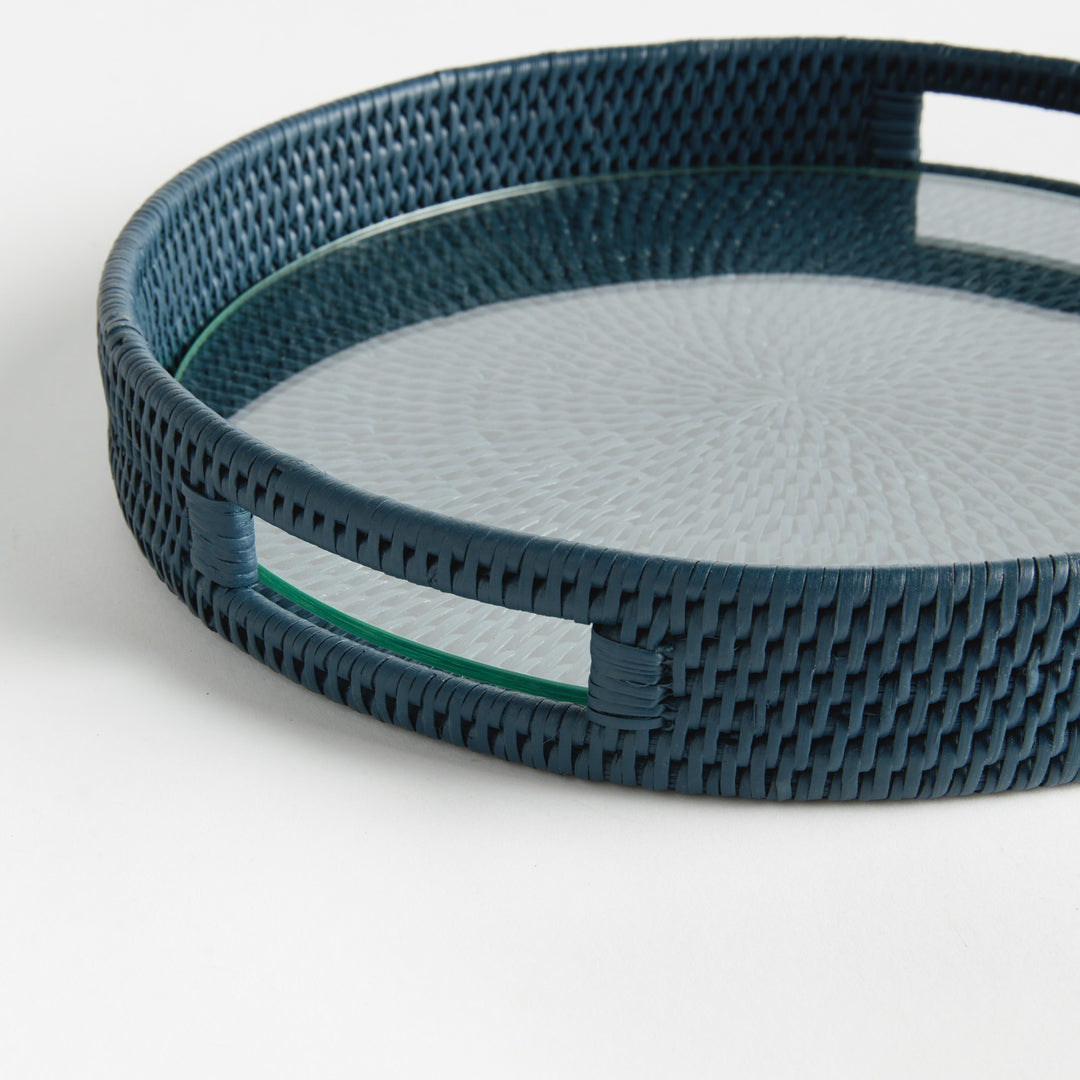 BURMA RATTAN ROUND SERVING TRAY - Dark Blue