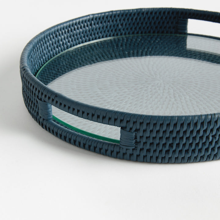 BURMA RATTAN ROUND SERVING TRAY - Dark Blue