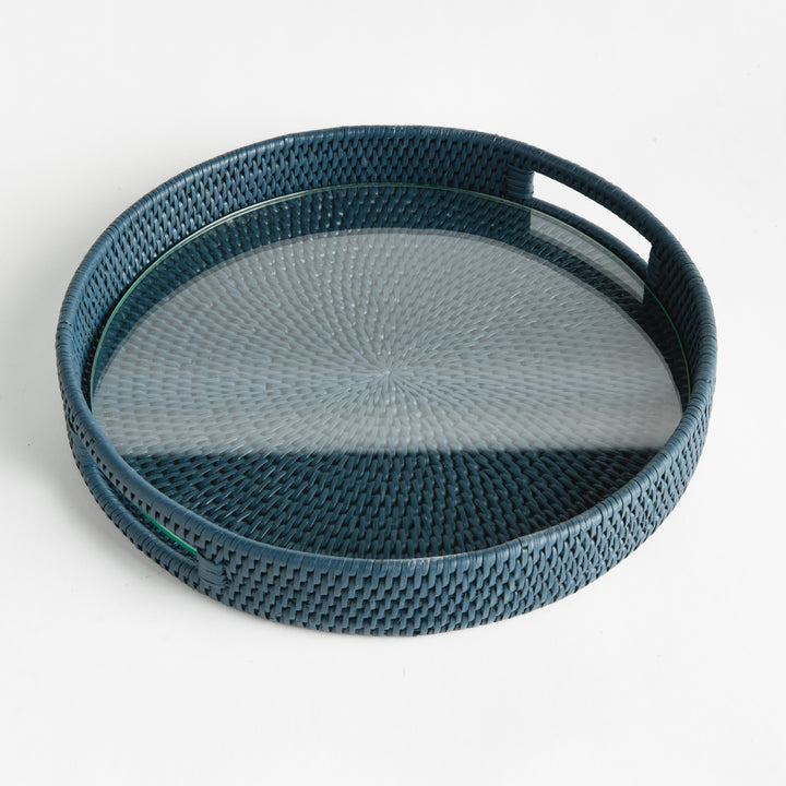 BURMA RATTAN ROUND SERVING TRAY - Dark Blue