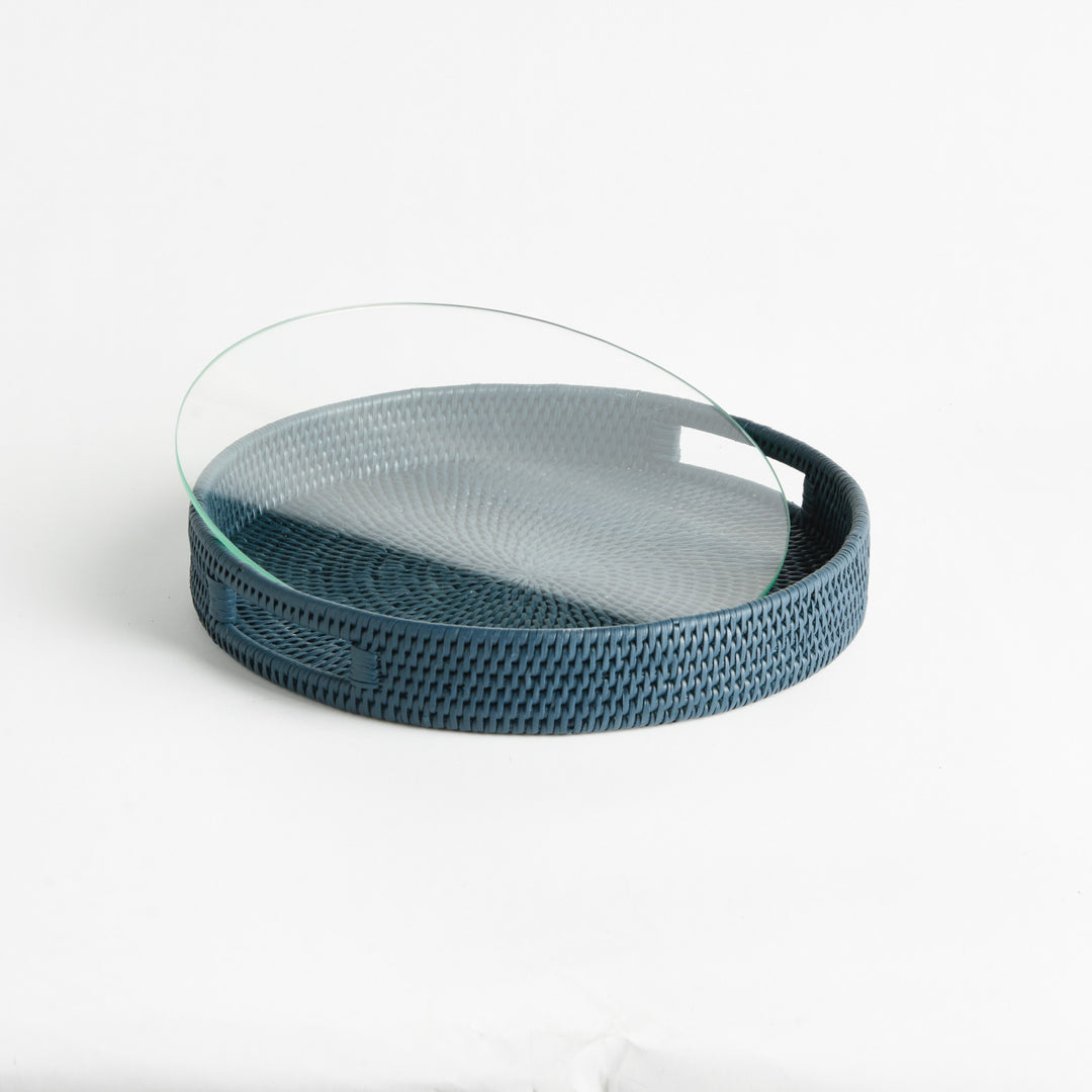 BURMA RATTAN ROUND SERVING TRAY - Dark Blue
