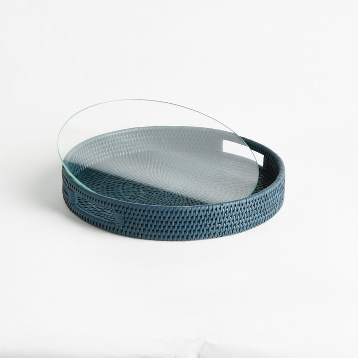 BURMA RATTAN ROUND SERVING TRAY - Dark Blue